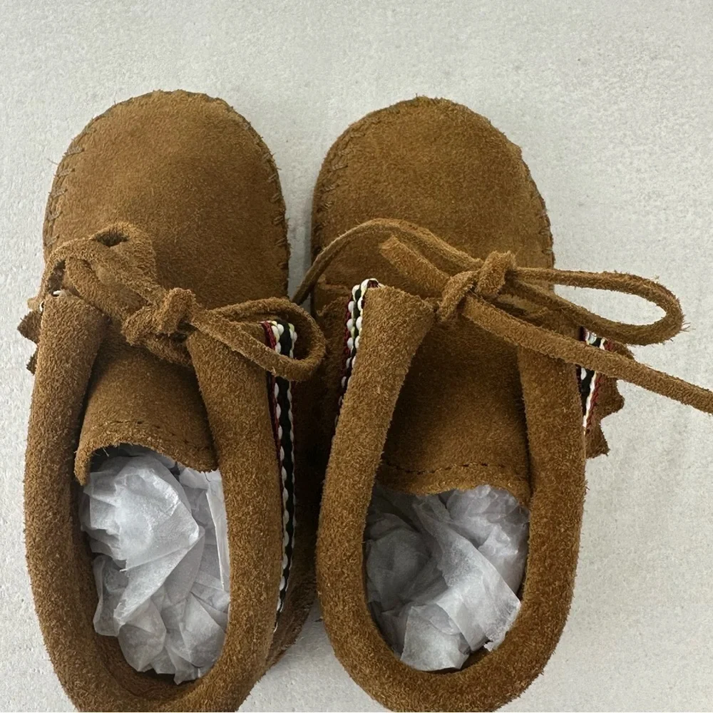 MINNETONKA Moccasins Suede Braid Bootie Brown Infant Size 6 Boots Leather